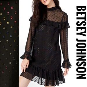NWT Betsy Johnson Sheer Layered Ruffle Rainbow Dot Long Sleeve Dress 4 Black